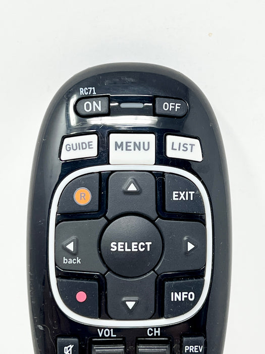 A close-up of a black RC71 television remote control showing the main buttons including ON, OFF, GUIDE, MENU, LIST, SELECT, and directional arrows.