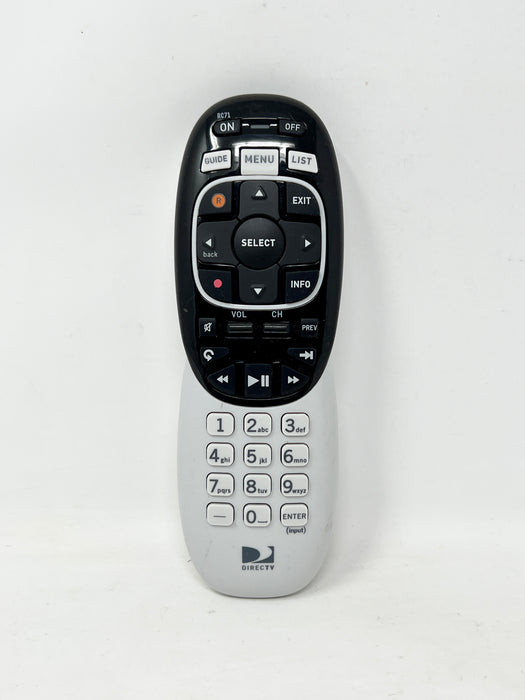 A DIRECTV remote control with a black top section and a silver bottom section, featuring various buttons including a numeric keypad, directional pad, and menu buttons.