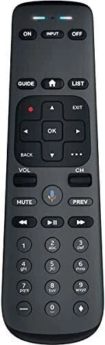 Black remote control with various buttons on a black background
