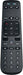 Black remote control with various buttons on a black background