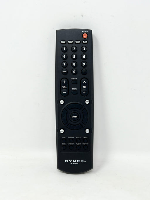 A black Dynex remote control with white text and buttons, photographed against a plain white background.