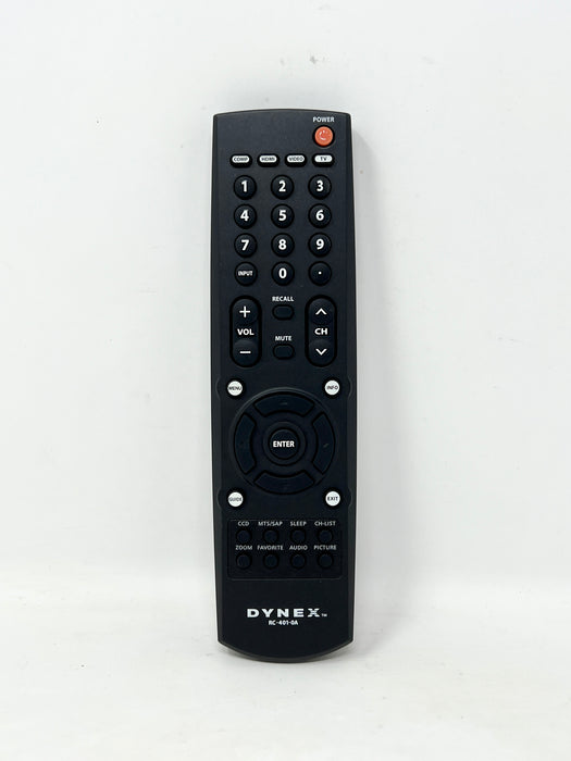 A black Dynex remote control with white text and buttons, photographed against a plain white background.