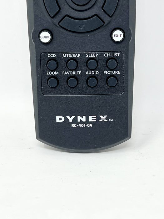 A close-up of a black Dynex remote control, model RC-401-0A, showing the front button layout and brand name on a white background.