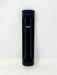 A black plastic remote control standing vertically against a plain white background.