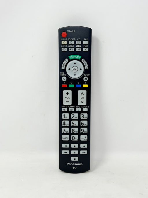 Panasonic TV remote control with a black plastic body, featuring a silver directional pad, colorful buttons, and a numeric keypad, set against a plain white background.