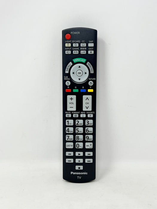 Panasonic TV remote control with a black plastic body, featuring a silver directional pad, colorful buttons, and a numeric keypad, set against a plain white background.