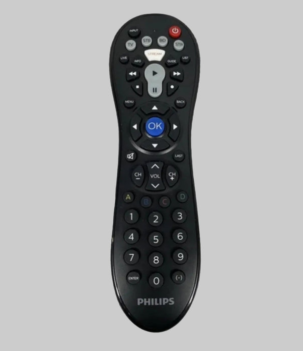 Black Philips remote control on a gray background