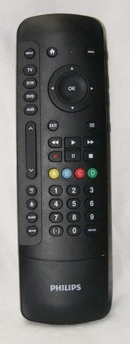Black Philips remote control on a light gray background