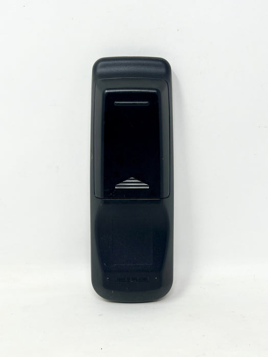 A black plastic remote control body standing upright against a plain white background.