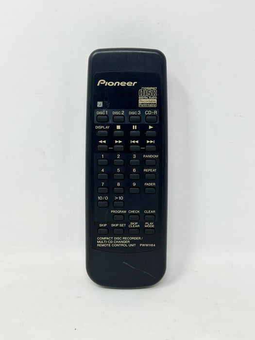 A black Pioneer CD-R remote control unit with a small display screen and multiple buttons, photographed against a plain white background.