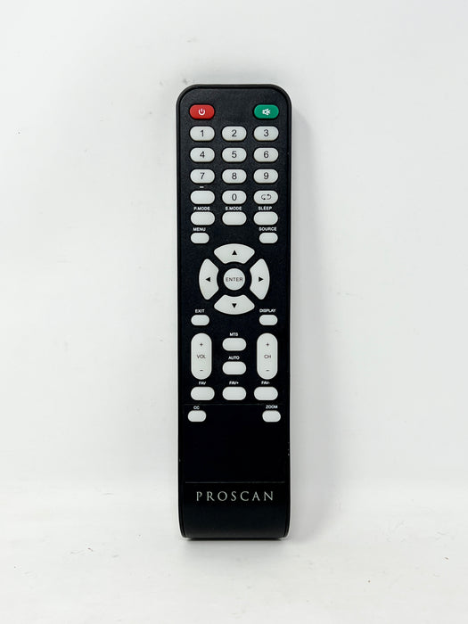 A black Proscan remote control with white buttons and red and green power buttons, standing vertically against a plain white background.