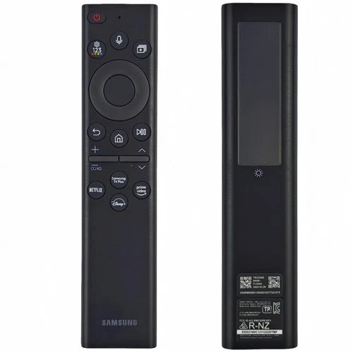 Samsung remote control with front and back views on a white background