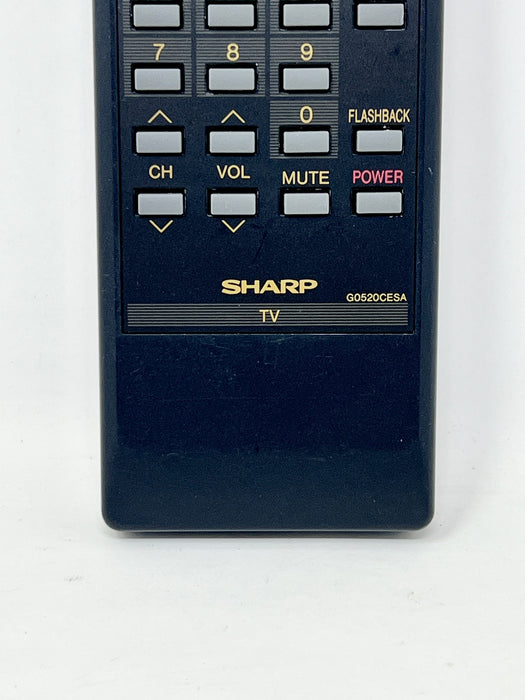 A close-up of a dark blue Sharp TV remote control showing the number pad and buttons including CH, VOL, MUTE, POWER, and FLASHBACK on a white background.