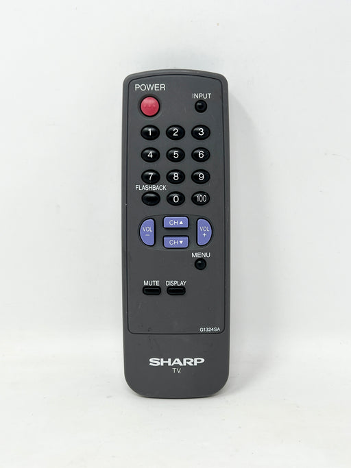 A black Sharp TV remote control with a red power button, blue navigation buttons, and white printed labels on a plain white background.