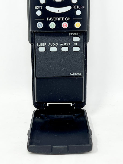 A black remote control device with its front cover open, showing buttons and labels such as EXIT, RETURN, FAVORITE CH, SLEEP, AUDIO, AV MODE, and CC, photographed against a plain white background.