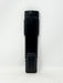 A black plastic remote control standing vertically against a plain white background.