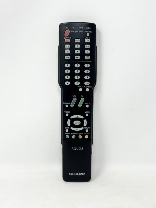 A black Sharp Aquos television remote control standing vertically against a plain white background.