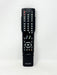 A black Sharp Aquos television remote control standing vertically against a plain white background.