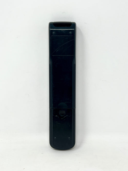 A black plastic remote control standing vertically against a plain white background.