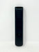 A black plastic remote control standing vertically against a plain white background.