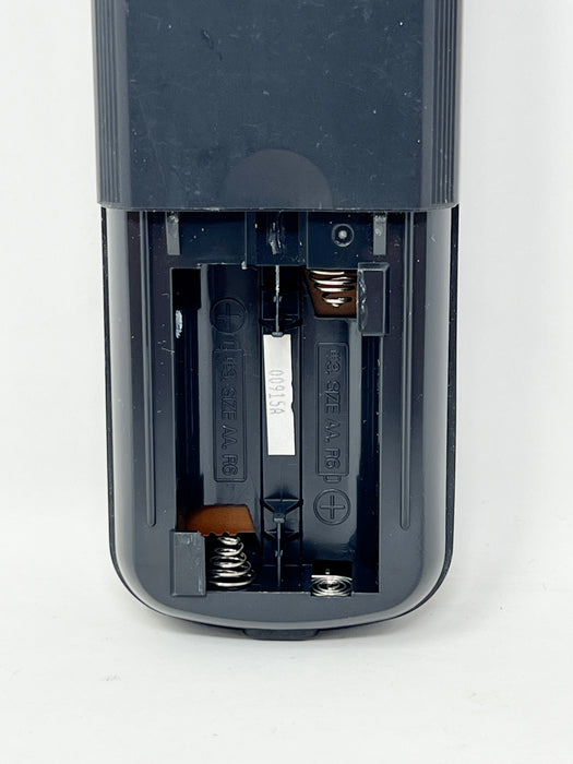 Close-up of the open battery compartment of a dark gray remote control, showing internal battery slots, springs, and contacts on a white background.