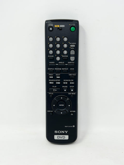 A black Sony DVD remote control with various buttons and a directional pad, shown vertically against a plain white background.
