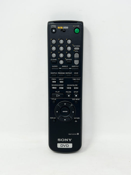 A black Sony DVD remote control with various buttons and a directional pad, shown vertically against a plain white background.
