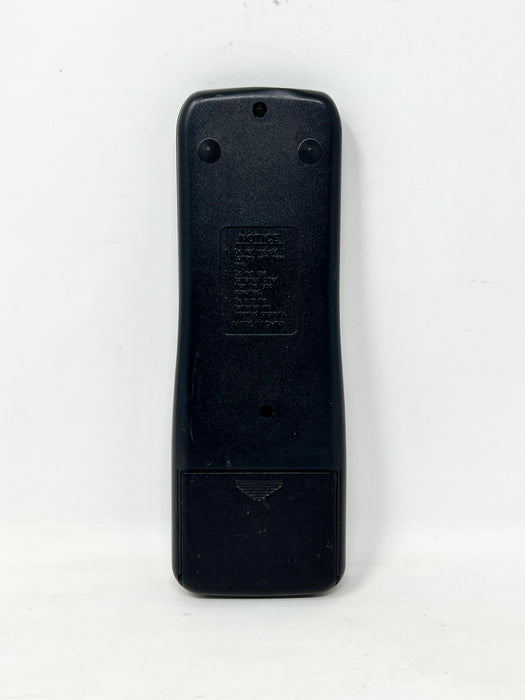 The back of a black plastic remote control standing vertically against a plain white background.