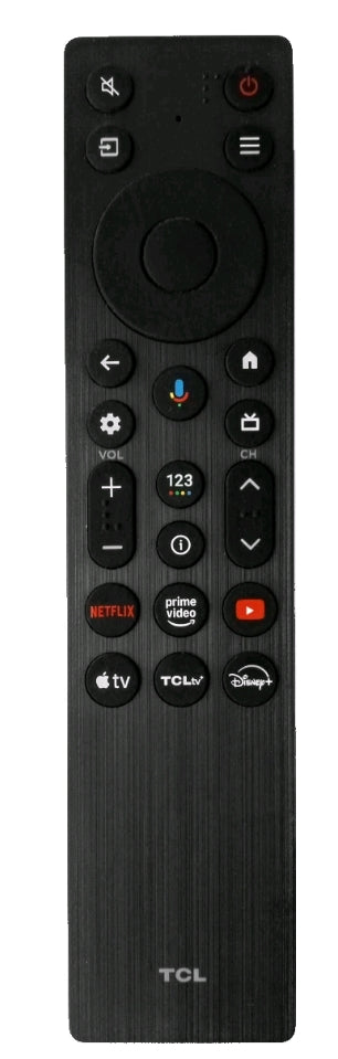 A black TCL remote control with a brushed metal texture, featuring various button icons including Netflix, Prime Video, Apple TV, and Disney.