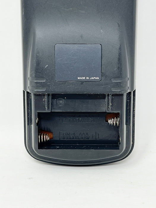 Close-up of the back of a black remote control showing the battery compartment with two AAA batteries inserted, on a white background.