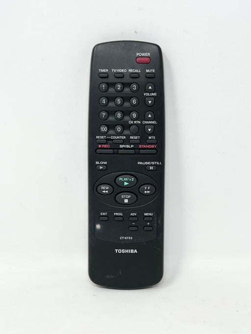 A black Toshiba television remote control with a red power button and various white, gray, and red labels on its buttons, shown against a plain white background.