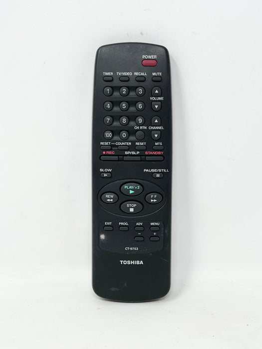 A black Toshiba television remote control with a red power button and various white, gray, and red labels on its buttons, shown against a plain white background.